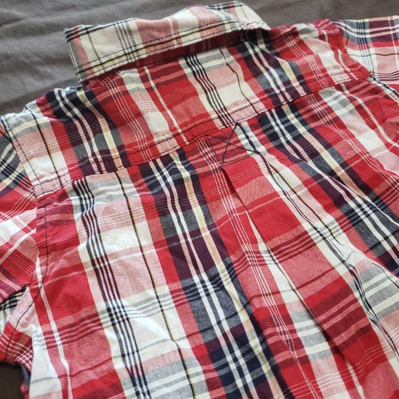 Fancy Plaid Button Up Shirt Collared 24 Month Size 100% Cotton Red Like new - Picture 4 of 7